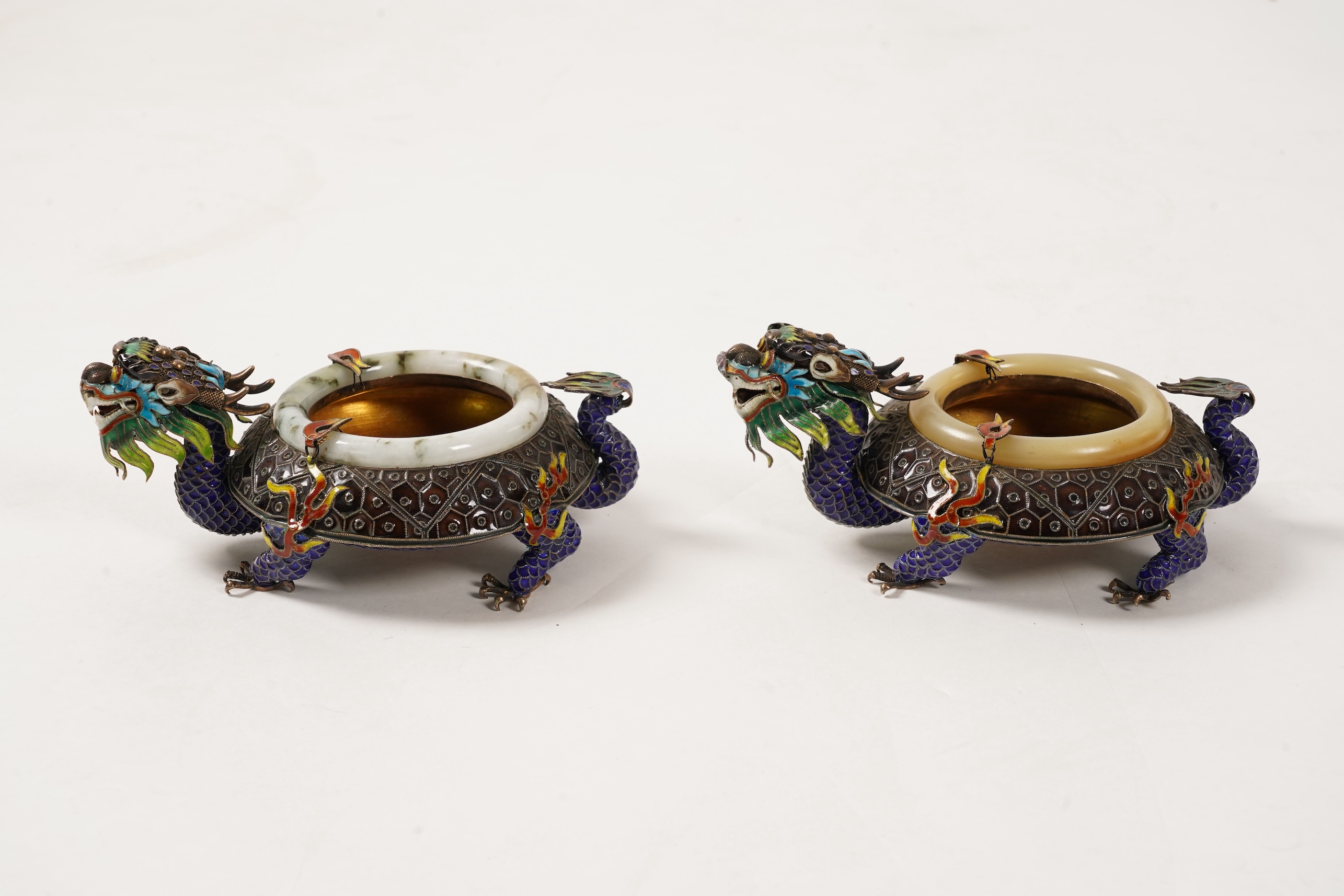 A pair of Chinese silver-gilt and enamel ’dragon’ bowls, 20th century
